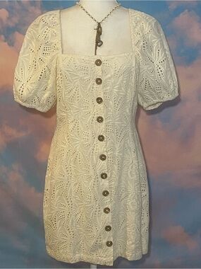 Darling Free People Cream Eyelet Puff Sleeve/ Button-Front Mini Dress